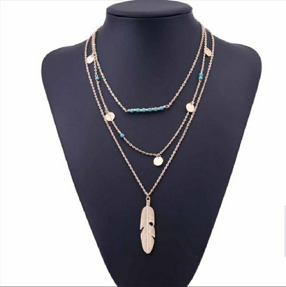 Turquoise Golden Feather Multi Layer Necklace - Picture 2 of 3